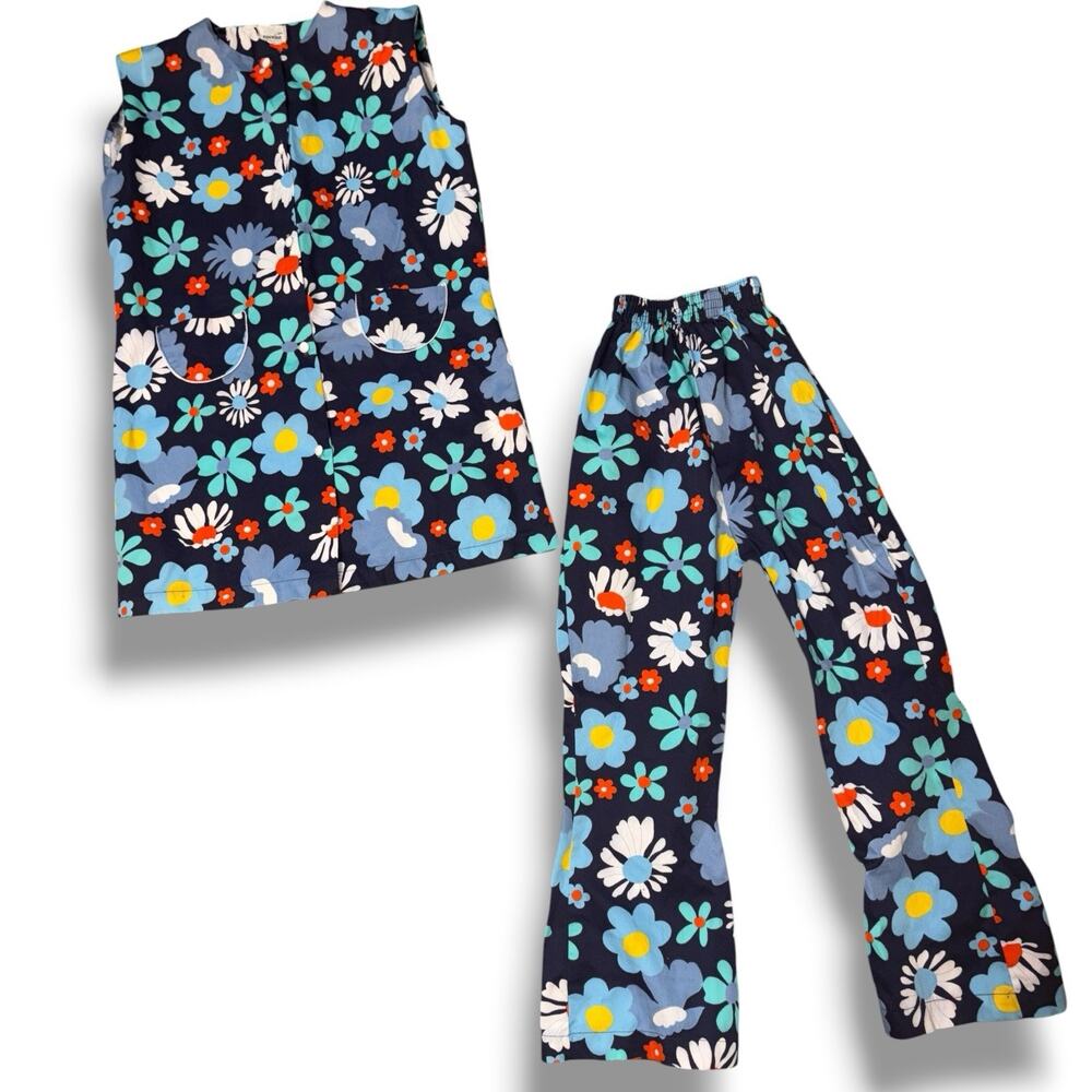 Vintage 70s Cuckoo Floral Pant Set Girls Mod Hippie Cotton Flower Power Groovy